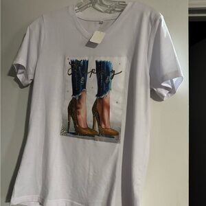 White Graphic T-Shirt with bling and Heels Design
